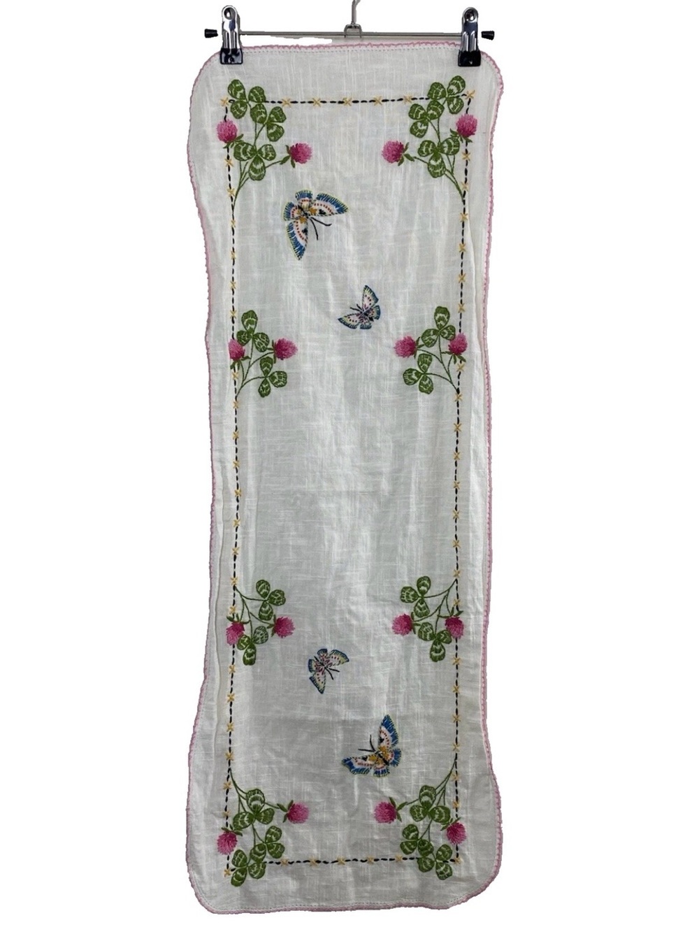 Vintage Embroidered Table Runner with Butterflies & Flowers